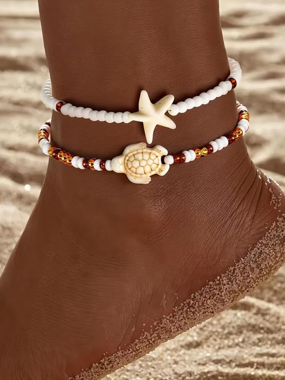 Anthropologie White & Gold Beach Charm Anklet Duo